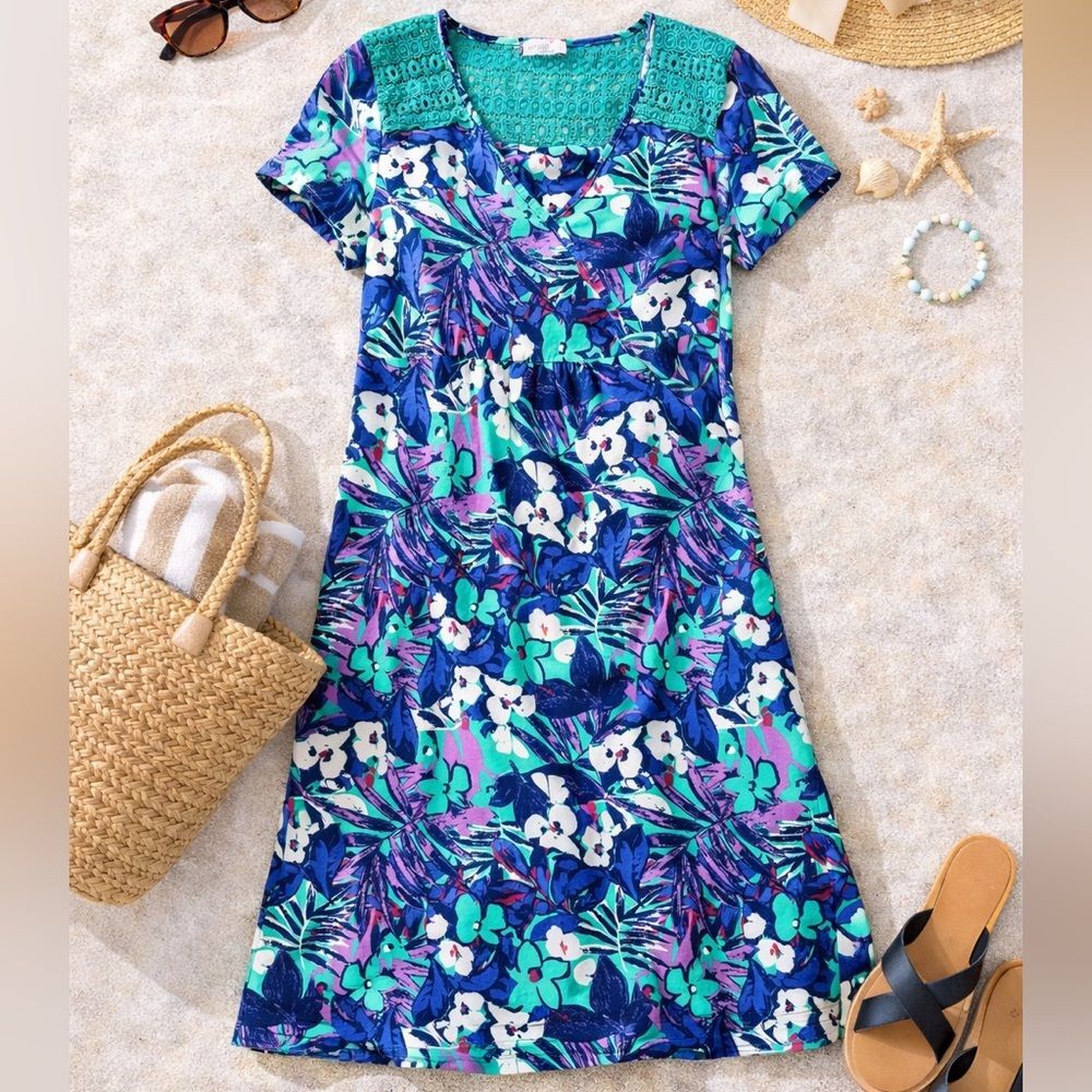 Per Una Dress S Lace Yoke V Neck Empire Waist Tropical Floral Coastal Resort